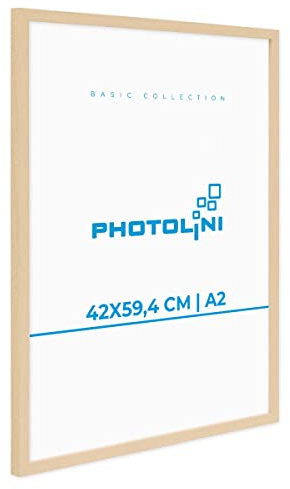 PHOTOLINI Cadre A2 42 x 59,4 bois MDF naturel, cadres photo pour posters et affiches, verre acrylique incassable, décoration murale à suspendre, avec accessoires supplémentaires