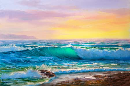 Poster-Bild 140 x 90 cm: Morgen am Meer, Welle, Illustration, Malen von Acrylfarben auf einer Leinwand. (96572808)