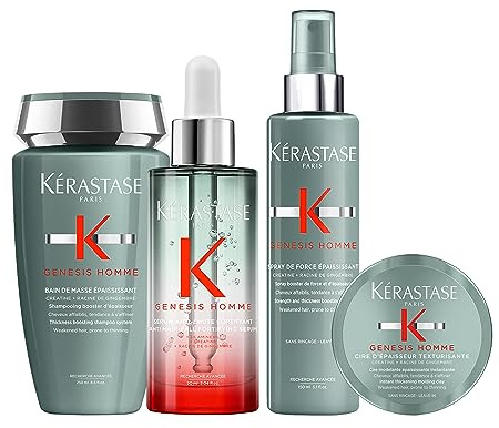 Kérastase, Genesis Homme, Pflegeroutine mit Shampoo, Haarkur, Haarwachs und Stylingspray, Für geschwächtes, feines oder ausgedünntes Haar