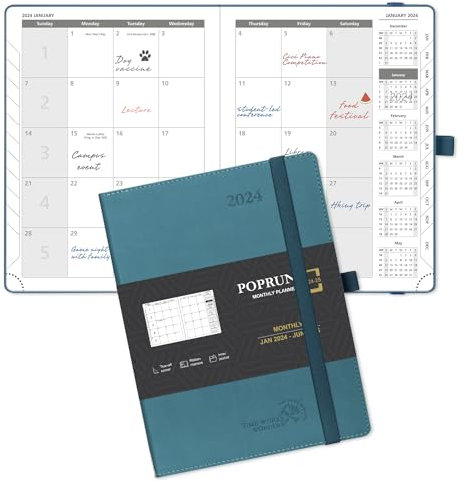 POPRUN Monatskalender 2023 2024 22 x 16,5 cm - 18 Monate Monatsplaner (Jul 2023 - Dez 2024) - 1 Monat 4 Seiten, 100 g/m² Papier, Monatsregister, PU-Leder Softcover, 112 Seiten - Pazifikgrün