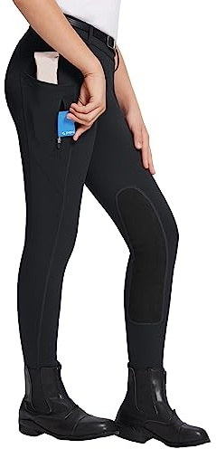 baleaf Girls Riding Pants Kids Equestrian Breeches Knee-Patch Zip Pocket Horseback Tights Black S