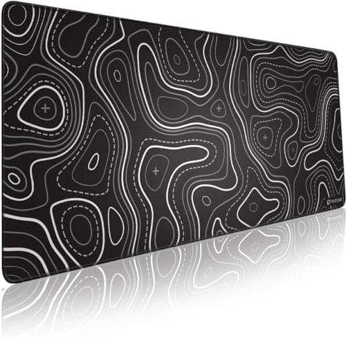 Minimalistisches Topografisches Karte Mauspad – Kontur erweitertes großes Mousepad mit Stichkante. Schwarz-weiße rutschfeste XXL Gaming-Schreibtischunterlage