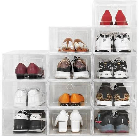 ABBAware Aufbewahrungsboxen für Schuhe bis Größe 43, transparente stapelbare Schuhorganizer, 12er Pack