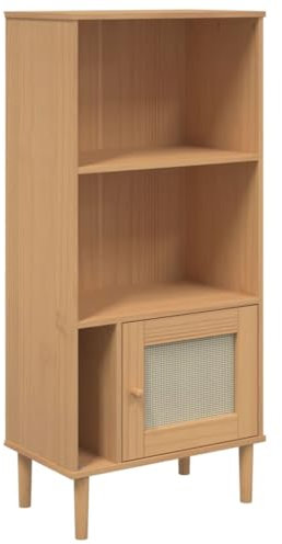 vidaXL SENJA Solid Wood Pine Bookcase - Brown, UV Varnish Finish, Ample Storage and Handcrafted Poly Rattan Door