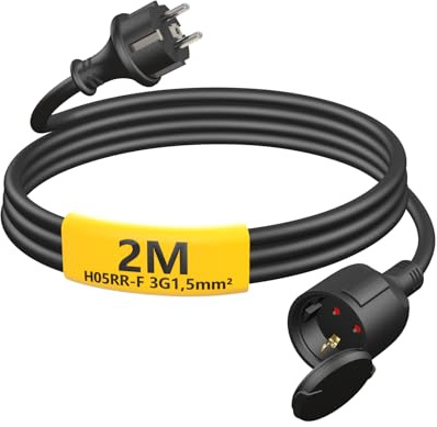 HUARUI Verlängerungskabel Outdoor 2m, Gummi Stromkabel Verlängerung mit Schuko Stecker für den Außenbereich IP44, Kabelverlängerung H05RR-F 3G1,5mm² mit Schutzkappe, Elektrokabel außen, 3500W, Schwarz