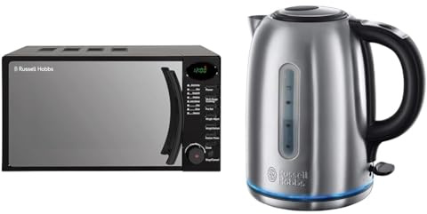Russell Hobbs RHM1714B 17 Litre 700 W Black Digital Solo Microwave with 5 Power Levels, Digital Clock and Timer & 20460 Quiet Boil Kettle, Brushed Stainless Steel, 3000W, 1.7 Litres
