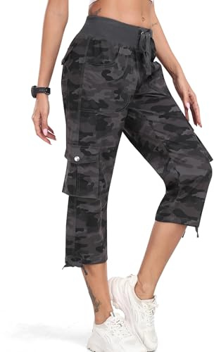JINSHI Pantalones Cargo Mujer Verano 3/4 Capri Pantalón Casual Ligero Pantalones de Senderismo Deportivos Multi-Bolsillos Gris Camuflaje Talla 2XL