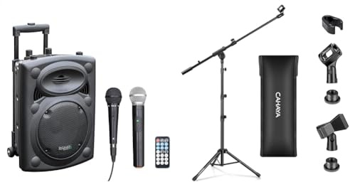 Ibiza - PORT8VHF-BT - Enceinte Portable 8/400W Max avec 2 micros (Filaire et VHF) & CAHAYA Pied de Microphone au Sol Mobile 2 en 1 Trépied en Métal avec Deux Clips Différents Réglable