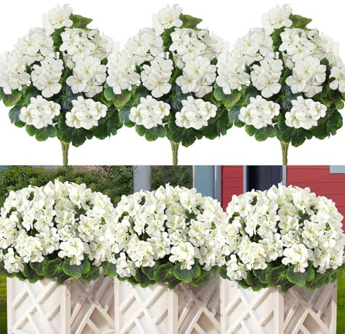 Kunstblumen wie Echt 44CM Künstliche Geranien Seidenblumen 3 Bündel Weiß | Künstliche Blumen Balkonpflanzen Outdoor Wetterfest UV-beständig Fake Blumenstrauß Balkon Blumen für Indoor Garten Vase