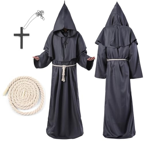 LXYYDS Costume da monaco, Costume da Monaco Medievale, Abito da Mago per Adulto, Nero Abito Talare Costume, con Collana a Croce & Corda in Vita, per feste Carnevale Cosplay, Halloween (L)