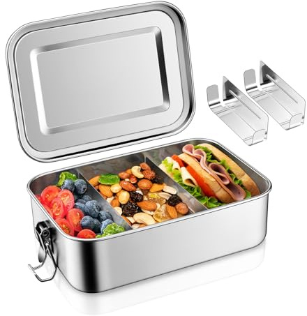 Homikit Edelstahl Brotdose mit 2 Fächern, 1400ml Bento Box Lunchbox | Lunch Box für Kinder & Erwachsene, Brotzeitdose mit Abnehmbar Trennwand für Schule Arbeit, Auslaufsicher & Dichtungsring
