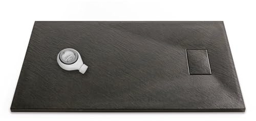 Thermopanel SMC Black Shower Trays Base Slate Stone Effect Textured Non Slip with Waste and Solid Cover - 1200 x 800mm