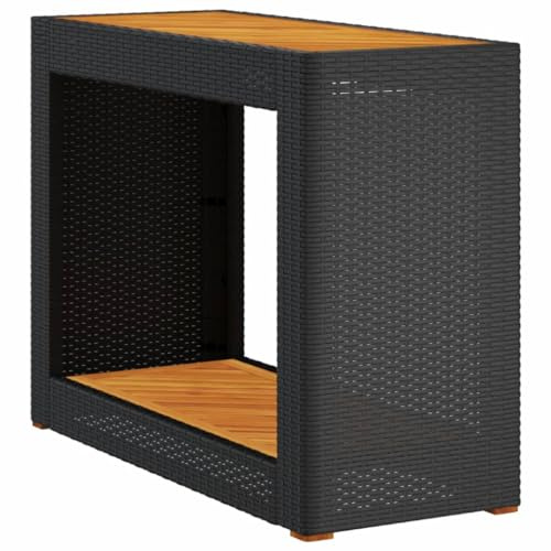 Makastle Garten Beistelltisch, klein Balkontisch, Gartentisch mit Holzplatte, Holztisch, Kaffeetisch für Garten, Balkon, Wohnzimmer, Schwarz 100 x 40 x 75 cm Poly Rattan