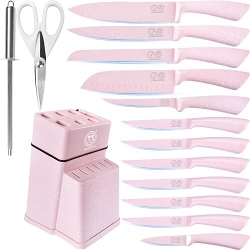 XYJ Juego de cuchillos de cocina, juego de cuchillos con soporte, juego de cuchillos de cocina japoneses profesionales, cuchillos de carne de acero inoxidable, cuchillo para tallar Santoku