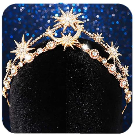 Reaky Stern-Stirnband, goldener Mond-Kopfschmuck, Strass-Stirnbänder, Kristall, Haar-Accessoires für Braut und Hochzeit für Frauen (Gold, Einheitsgrösse)