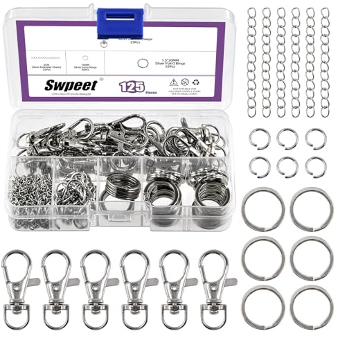 Sweet Set di 125 portachiavi in argento, 25pezzi, anello portachiavi 25 P, catene estensibili da 25 P, anelli open jumper da 50 P, chiusure girevoli per aragosta