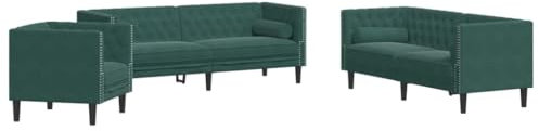 vidaXL Set Divani Chesterfield 3pz con Cuscini Verde Scuro Velluto, Divano, Seduta, Divano Relax, Divano Comfort, Divano TV, Divano Rilassante