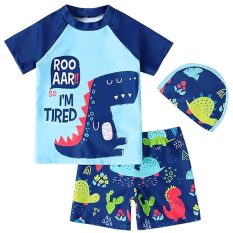LUVCES Baddräkt Baby Pojke Pool Träningsoverall, 3 delar Dinosaurie/Hajtryck Baddräkt Pool Tröja + Shorts + Keps, Innehåller: 3 st. dinosaurie, 5-6 �r