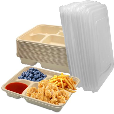 La Llareta Caja Bento 4 Compartimentos, 20 PCS 1100ml Envases Desechables con PP Tapa, Resistentes al Aceite y Agua, Contenedores Biodegradables para Almuerzo, Comida para Llevar y Picnic