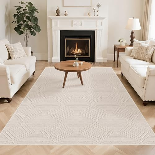 Capslapd Washable Rugs Living Room 160x230cm Non-Slip Large Fluffy Geometric Rug High Low Effect Modern Design Carpet High Pile Bedside Area Rug for Bedroom Dining Room Office Lounge Decor,Beige