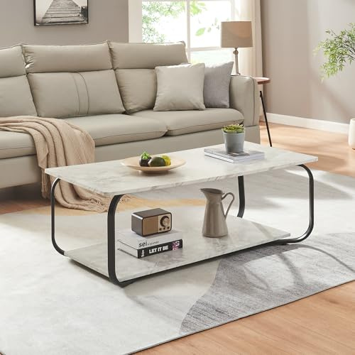 [en.casa] Tavolino Centrale da Salotto a Piano Rettangolare e Ripiano Tavolo Basso Elegante da Caffè a Telaio in Acciaio per Soggiorno 120x60x43 cm - Effetto Marmo Bianco/Nero