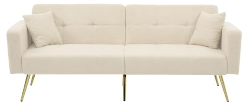 Merax Schlafsofa mit Bettfunktion, verstellbarem Winkel, Stabiler Holzrahmen, inkl. Kissen & seitlichen Aufbewahrungstaschen, umwandelbar, komfortabel, für Gäste, Beige