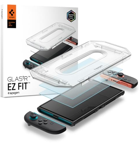Spigen Glas.tR EZ Fit Skärmskydd kompatibel med Nintendo Switch 2 2025, med Installationskit, 2 Stycken, Kristallklart, Responsiv Touch, 9H härdat glas, Oleofob Beläggning