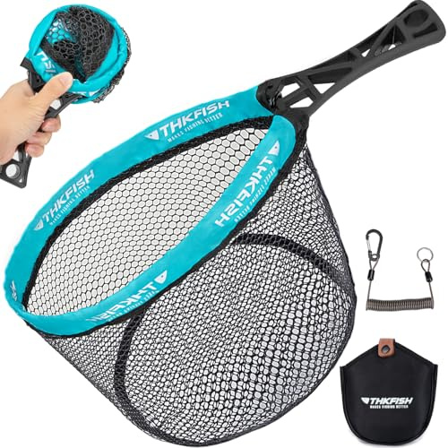 THKFISH Fliegenfischen Kescher, faltbarer Forellennetz mit ABS-Griff, gummiertes Netz, Forellennetz mit Angeltasche für Forellenbarsch, Fangen und Freigaben, tragbares Fliegenfischzubehör, M/L