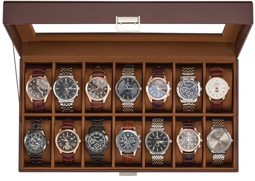 ProCase Boîte à Montres 14 Slots, Coffret Rangement Montres Grande Capacité, Couvercle Transparent Anti-Poussière, Protection et Présentation Élégante -Marron