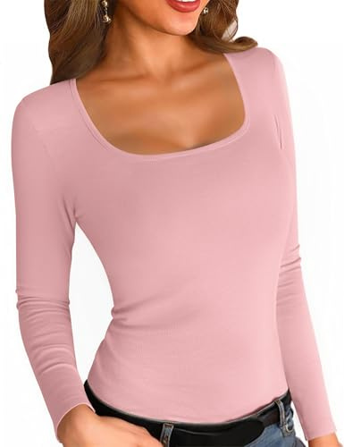 Aottori Womens Long Sleeve Tops Square Neck Basic T Shirts Ribbed Slim Fit | Stretch, Soft, Cotton Base Layer, Plain Casual Pullover Top, Ladies Office Wear, Spring Autumn Winter
