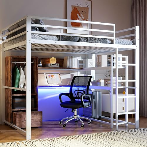 Merax Kinderbett Hochbett 140x200 cm, Hochbett mit Schreibtisch und Treppe, Metallbett mit LED-Leuchten, mit Regal und offener Garderobe, ohne Matratze, Weiß, 203x144,5x174 cm