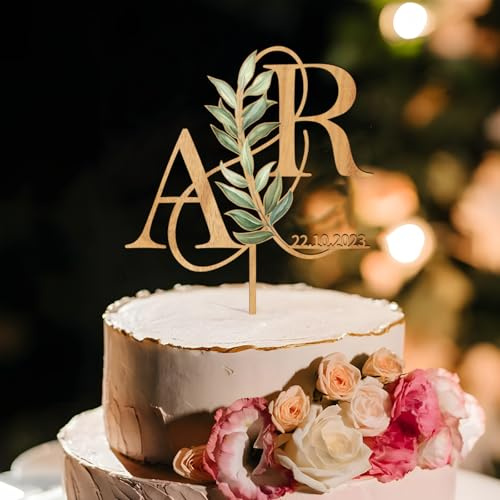 Party to Be Personalized Wedding Cake Topper in Wood Custom Bride and Groom Initial Cake Topper Cake Decoration (Green Leaves)