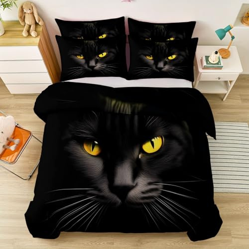 Set Copripiumino Nero 220 x 240 cm, Copripiumino double-face in Microfibra Con Motivo Moderno Ritratto Di Animale Gatto, morbido confortevole Ipoallergenico Set Di Biancheria Da Letto Bambini