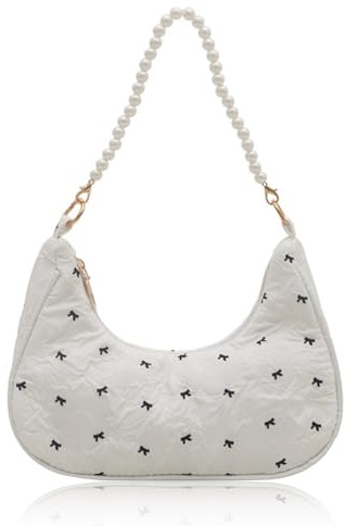 BSITSSS Handtasche Damen Klein Umhängetasche Damen, Weiß Retro Achsel Tasche mit Reißverschluss, Perlenkette Y2K Shoulder Bag, Unterarmtasche Bogen Schultertasche für Frauen Dating Party Einkaufe