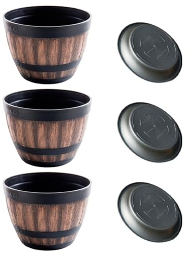 Buhdjfnke Lot de 3 pots de fleurs, en forme de tonneau de whisky, en plastique, design tonneau de vin, pour plantes de jardin, 30 cm