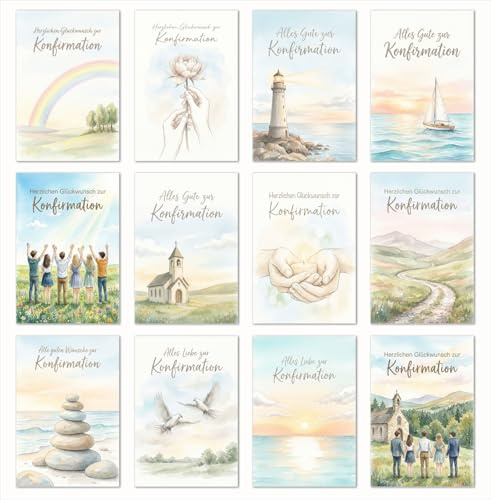 Edition Seidel Set 12 Glückwunschkarten zur Konfirmation mit Umschlag. Konfirmationskarten Grusskarten Karten Kirche Spruch Sprüche für Kinder Jugendliche (SW026)