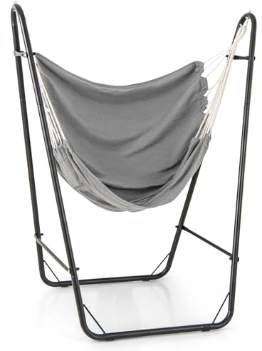 COSTWAY Hammock Chair with Stand, Heavy Duty Metal Frame Swing Chair with Side Pocket, Indoor Outdoor Hanging Chair Seat for Living Room, Bedroom, Patio and Yard (Light Grey)