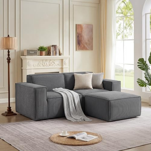 LINSY HOME Zweisitzer Sofa - 194cm Modulares Schlafsofa, Zweisitzer Couch, Sektionssofas für Wohnzimmer, Keine Montage erforderlich (Cord, Dunkelgrau, 2 Sitze + 1 Hocker)
