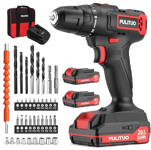PULITUO 20V Taladro Percutor a Batería, Taladro Atornillador Batería c/ 2x2,0Ah, Portabrocas de 3/8, 2 Velocidades, 21+1 Pares, Con Set de Accesorios de 42 Piezas, Kit de Reparación Doméstica
