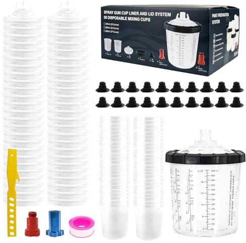 BENTOHKLE Gobelet jetable pour pistolet à peinture HVLP et LVLP, kit standard de 650 ml avec système de 50 tasses et couvercles, 1 tasse rigide avec anneau de retenue et 20 bouchons