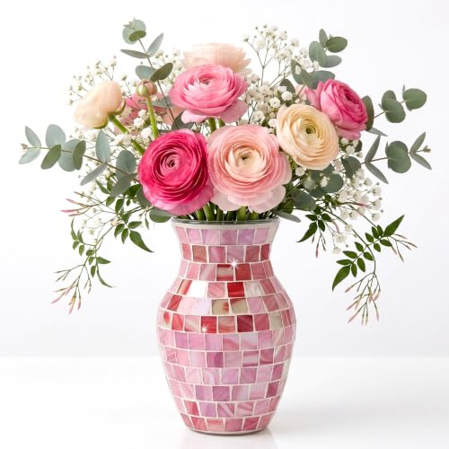 HUASD Jarrón de Cristal de Mosaico para Flores, 20 cm de Altura, Rosa | Ø9,9 cm, Florero de Vidrio con Piezas de Colores, Único y Decorativo, Resistente a los Rayos UV, para Centro de Mesa, Salón