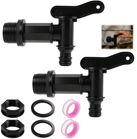 2er Set Regentonnen Auslaufhahn mit Wasserdichtem Klebeband, 3/4 Zoll BSP Wasserhahn Adapter aus Kunststoff, vielseitige Verwendung für Garten, Haushaltsanwendungen, Wassertanks und Gießkannen