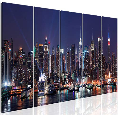 decomonkey Wandbilder New York Stadt 225x90 cm 5 Teilig Leinwandbilder City | Bild auf Leinwand, Kunstdruck, Wanddeko, Wohnzimmer, Wanddekoration, Panorama, Hochhäuser