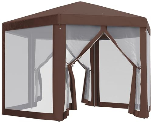 Outsunny Garten Pavillon Terrasse Party Sechser-Vordach Zelt Sun Shelter W/Moskito-Netz mit Reißverschluss, Braun