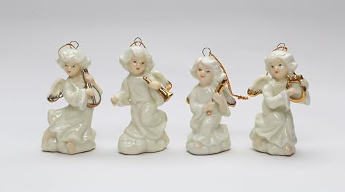 Cosmos Gifts Fine Porcelain Little Angel Playing Musical Instruments Harp, Lute, Trumpet & Flute Ornaments Set of 4, 2-5/8 H