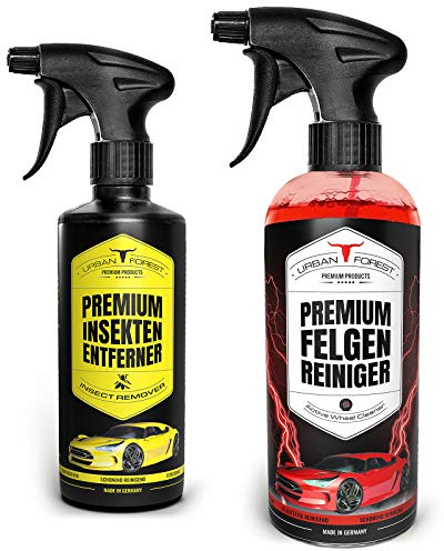 URBAN FOREST Sparset, Felgenreiniger 1000ml + Insektenentferner 500ml | Für lackierte Alu- und Stahlfelgen, Insektenentferner für Windschutzscheibe & Scheinwerfer