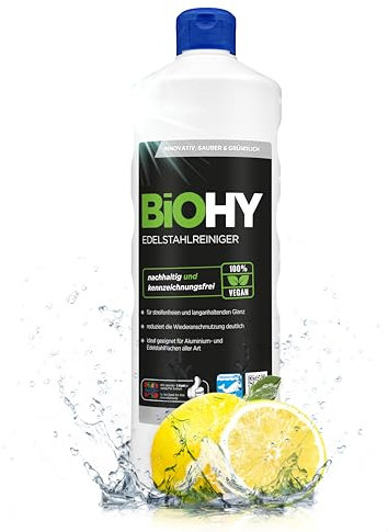 BiOHY Edelstahlreiniger (1l Flasche) | Edelstahlpflege für streifenfreien Glanz | ideal für Küche, Töpfe oder Grill | Edelstahl reinigen in Gastronomie & Haushalt | pflegendes Putzmittel