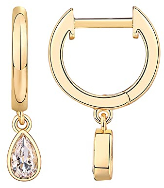 PAVOI 14K Yellow Gold Plated 925 Sterling Silver Post Huggie With Dangle | Small Gold Hinged Hoop Earrings For Women | Trendy Pear Shaped Cubic Zirconia Dangle Earrings