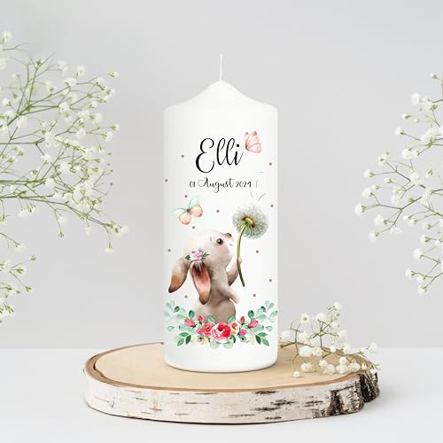 Wandtattoo Loft Taufkerze Mädchen oder Junge personalisierte Patenkerze, Motiv Hase mit Pusteblume, 18cm x 7cm, personalisierte Kerze, bedruckte Kerze Taufe, Stumpenkerze, Geburtskerze, Taufgeschenk
