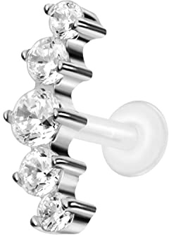 PIERCINGLINE PTFE Labret mit Innengewinde Titan Aufsatz 5 EINGEFASSTE KRISTALLE Piercing Lippe Nase Ohr Helix Tragus Medusa Farb & Größenauswahl